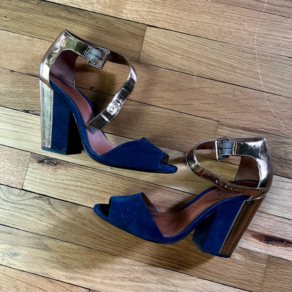 Schutz blue suede and metallic ankle strap platform heels